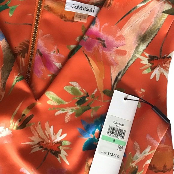 CALVIN KLEIN Scuba Ponte Orange Floral Sleeveless Exp. Zipper NWT SZ 8 MSRP $134 - Picture 8 of 9